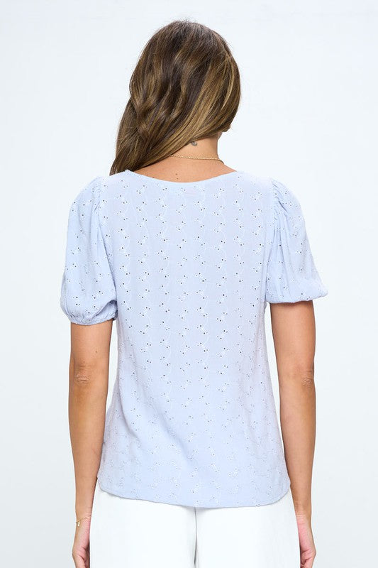 Round neck Puff Sleeve Top with Embroidery - The Beaucoup Home