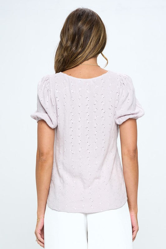 Round neck Puff Sleeve Top with Embroidery - The Beaucoup Home