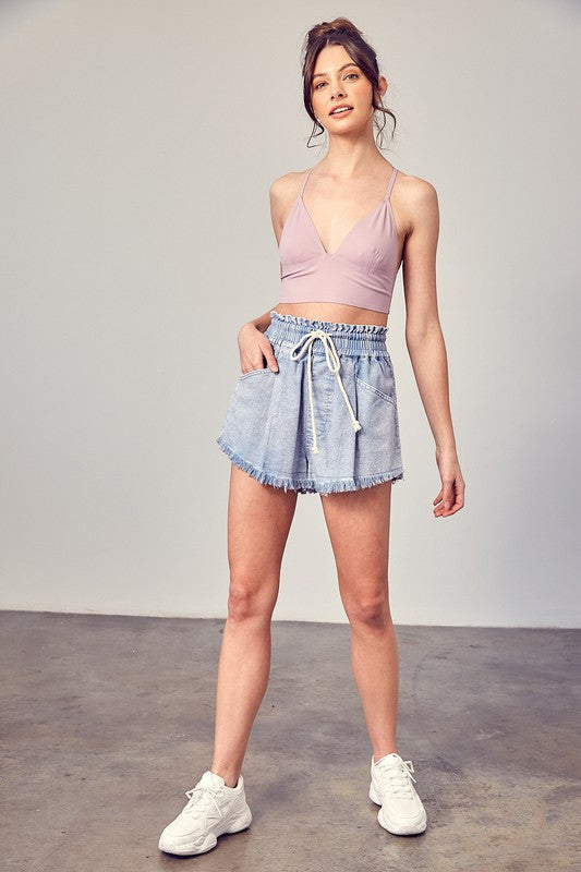 Wide Waistband Frayed Denim Shorts - The Beaucoup Home