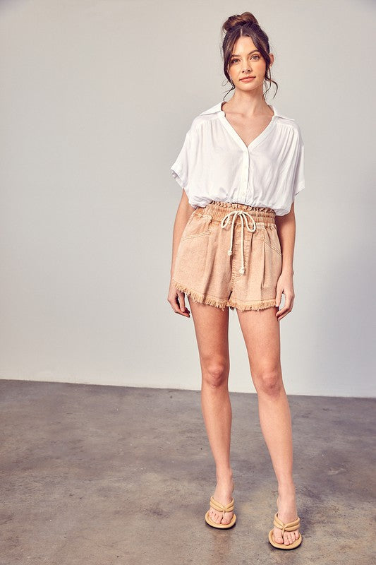 Wide Waistband Frayed Denim Shorts - The Beaucoup Home