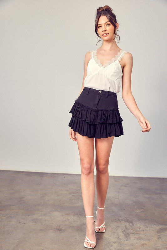 Shirred Tiered Denim Skort - The Beaucoup Home