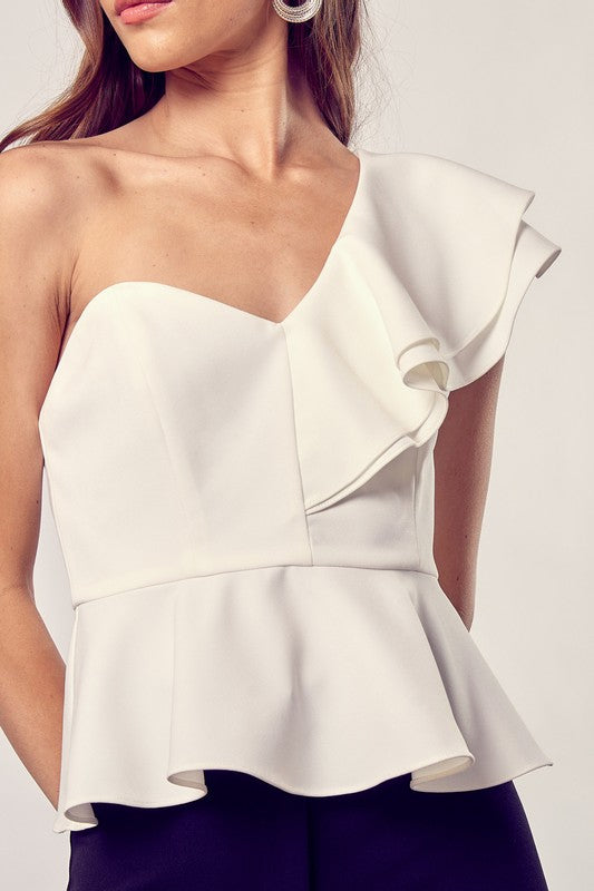 White One Shoulder Ruffle Peplum Top - The Beaucoup Home