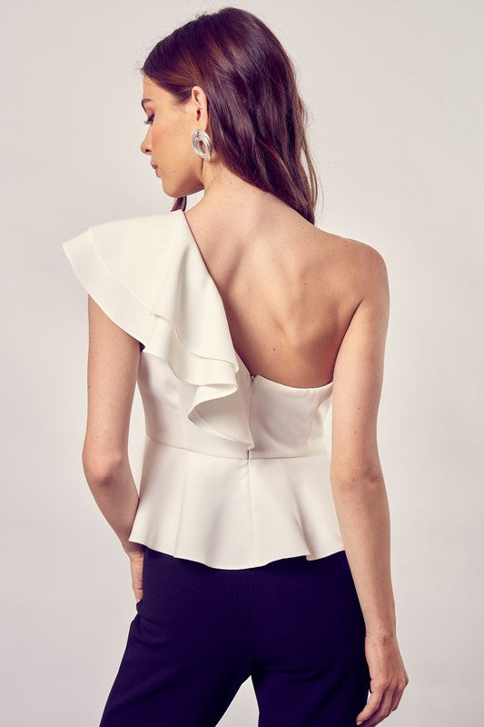 White One Shoulder Ruffle Peplum Top - The Beaucoup Home