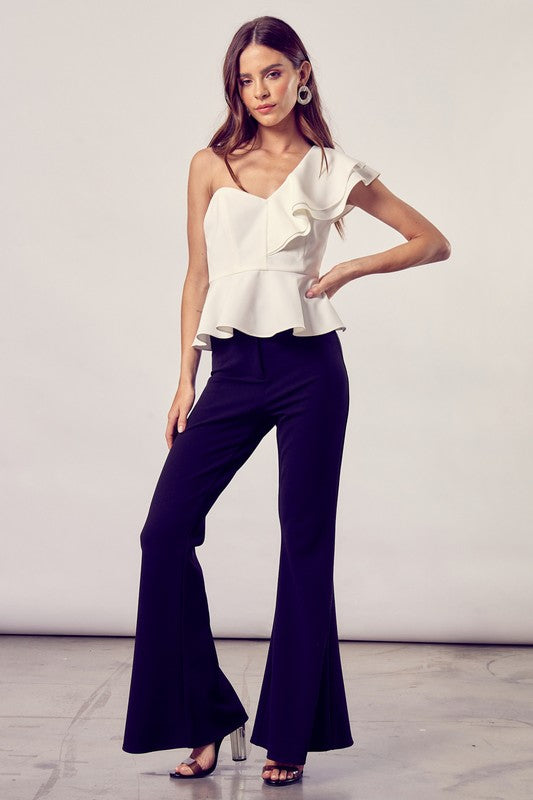 White One Shoulder Ruffle Peplum Top - The Beaucoup Home