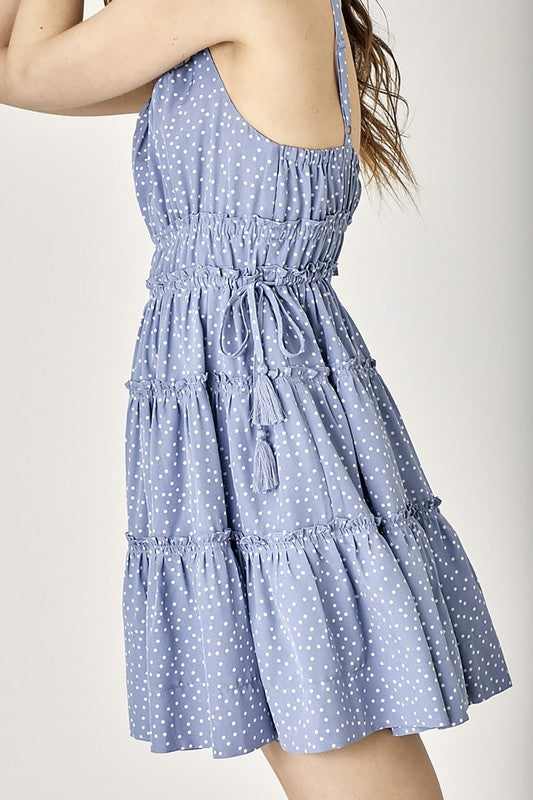 Side Tassel Strap Tiered Polka Dot Dress - The Beaucoup Home