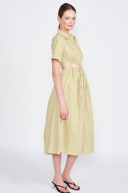 Button Up Collared Midi Dress with Cut Outs - The Beaucoup Home