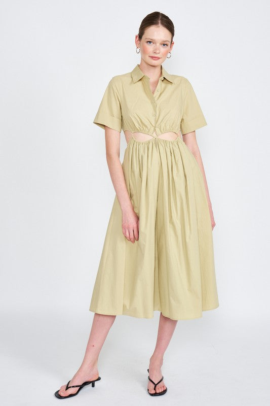 Button Up Collared Midi Dress with Cut Outs - The Beaucoup Home