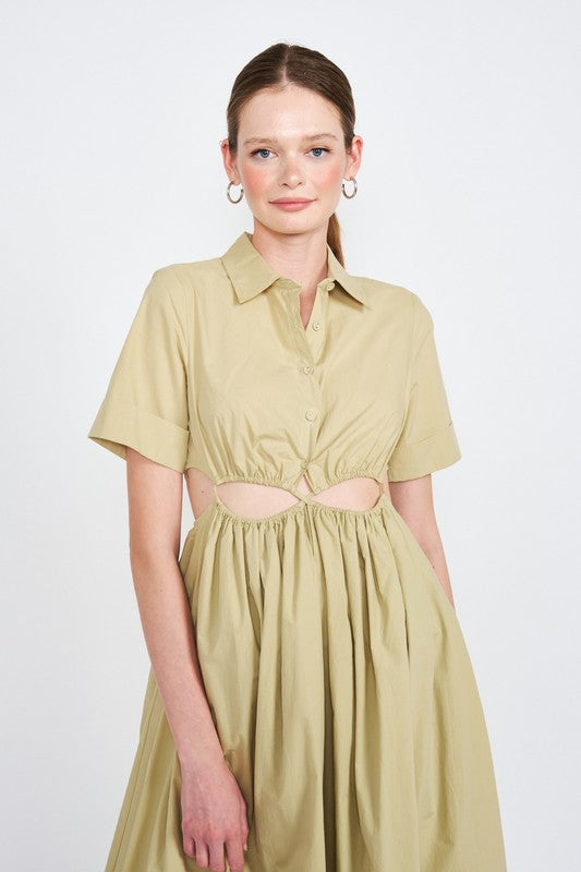 Button Up Collared Midi Dress with Cut Outs - The Beaucoup Home