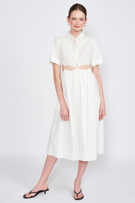 Button Up Collared Midi Dress with Cut Outs - The Beaucoup Home