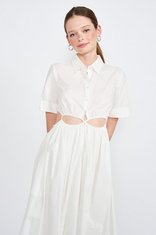 Button Up Collared Midi Dress with Cut Outs - The Beaucoup Home