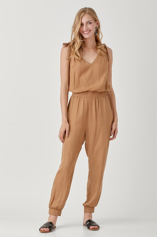 V-Neck Smocked Waist Jogger Jumpsuit - The Beaucoup Home