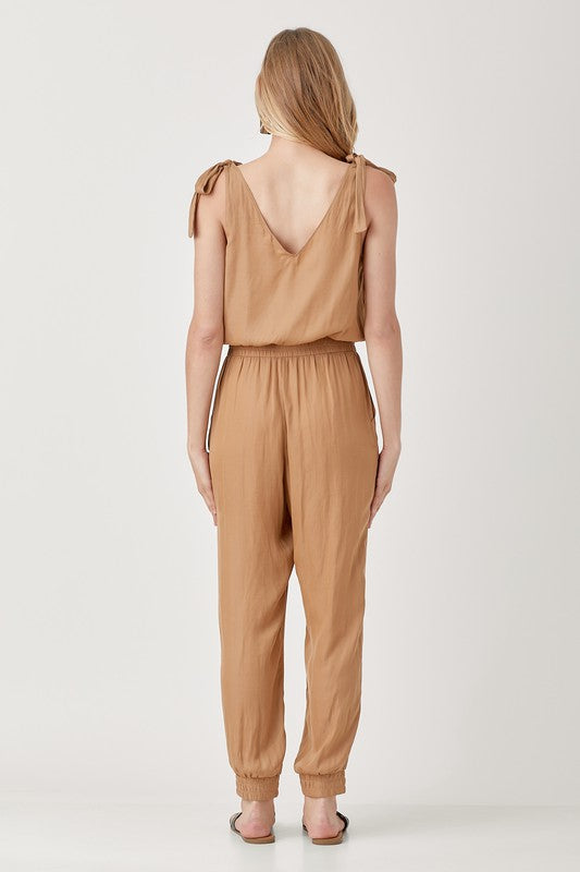 V-Neck Smocked Waist Jogger Jumpsuit - The Beaucoup Home