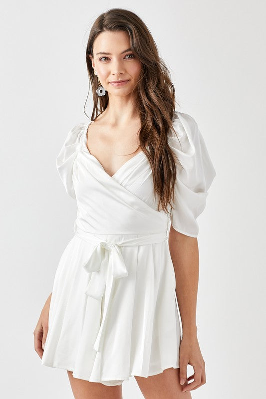 Pleated Puff Sleeve Overwrap Romper - The Beaucoup Home