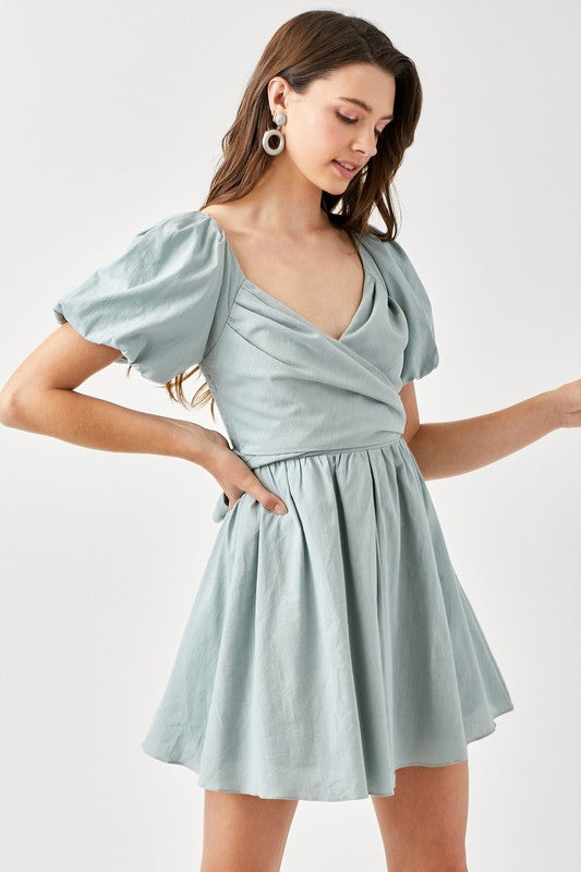 Cross Wrap Front Puff Sleeve Dress - The Beaucoup Home