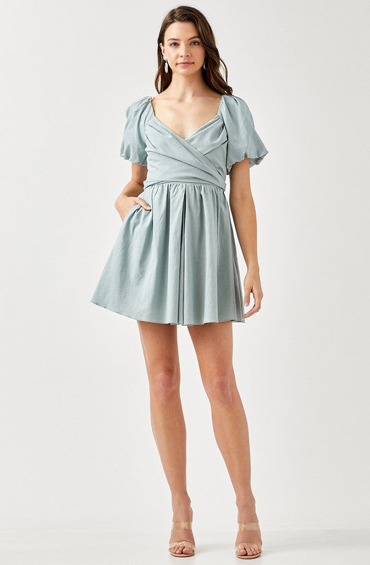 Cross Wrap Front Puff Sleeve Dress - The Beaucoup Home