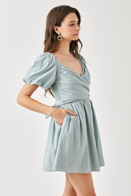 Cross Wrap Front Puff Sleeve Dress - The Beaucoup Home