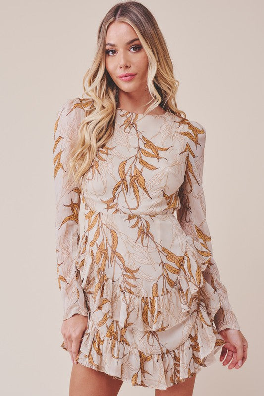 Printed Ruffle Long-Sleeved Tiered Mini Dress - The Beaucoup Home