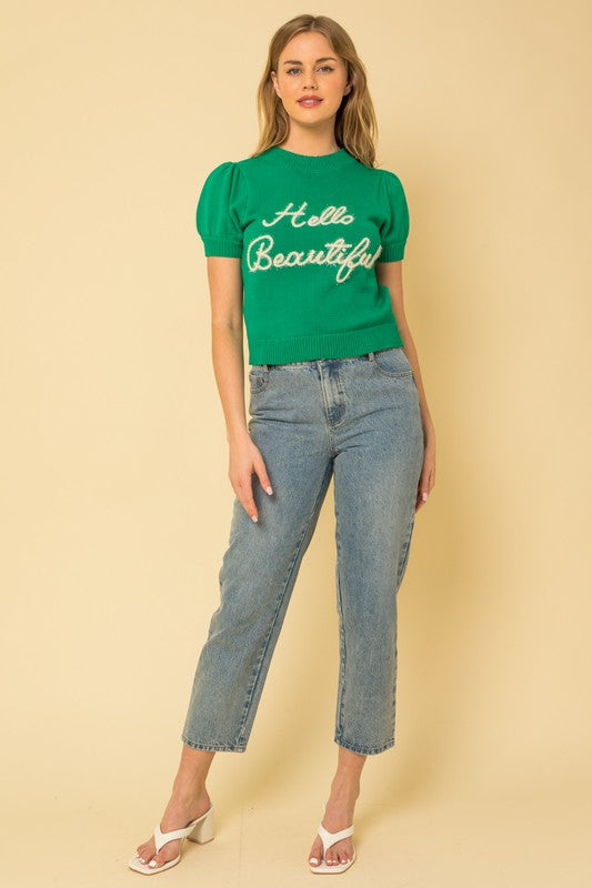 “Hello Beautiful” Short Sleeve Sweater Top - The Beaucoup Home