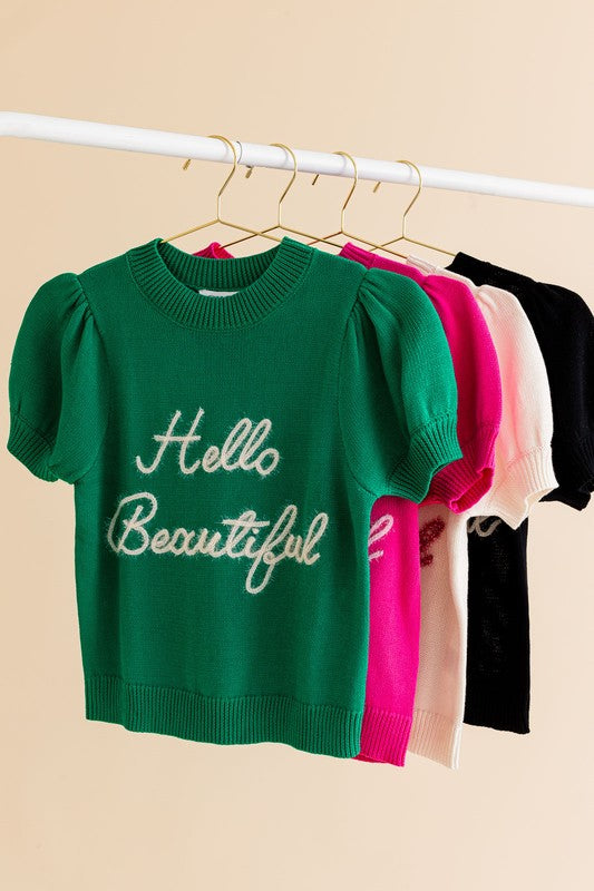 “Hello Beautiful” Short Sleeve Sweater Top - The Beaucoup Home