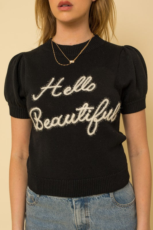 “Hello Beautiful” Short Sleeve Sweater Top - The Beaucoup Home