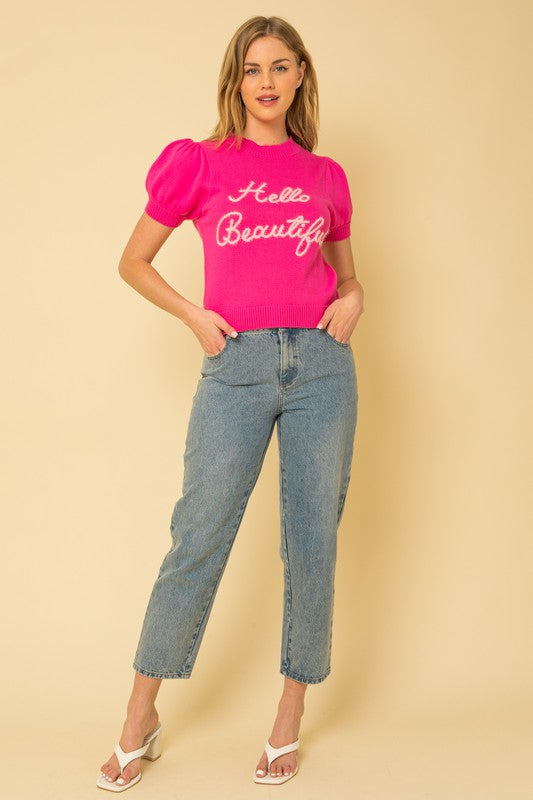 “Hello Beautiful” Short Sleeve Sweater Top - The Beaucoup Home