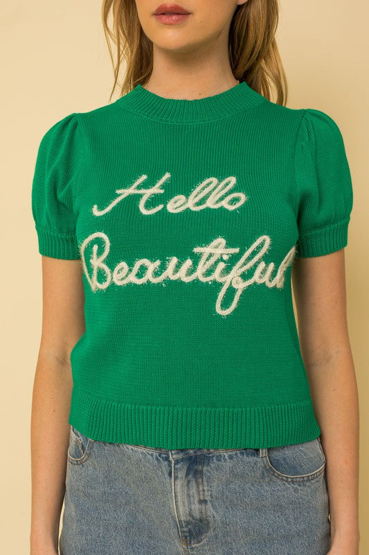 “Hello Beautiful” Short Sleeve Sweater Top - The Beaucoup Home