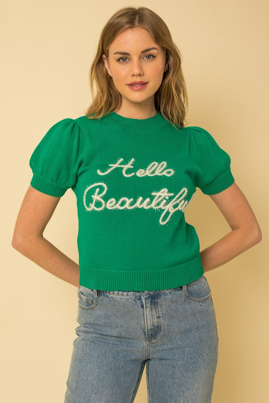 “Hello Beautiful” Short Sleeve Sweater Top - The Beaucoup Home