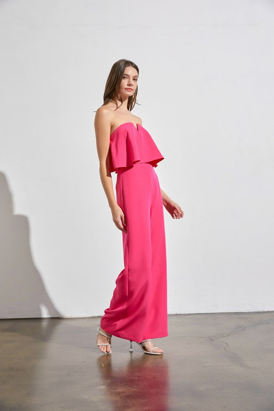 Strapless Draping Split Neck Jumpsuit - The Beaucoup Home