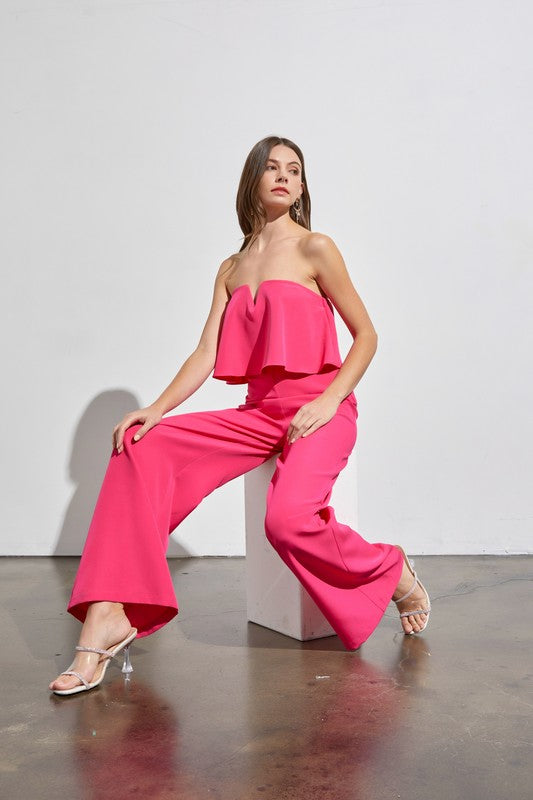 Strapless Draping Split Neck Jumpsuit - The Beaucoup Home