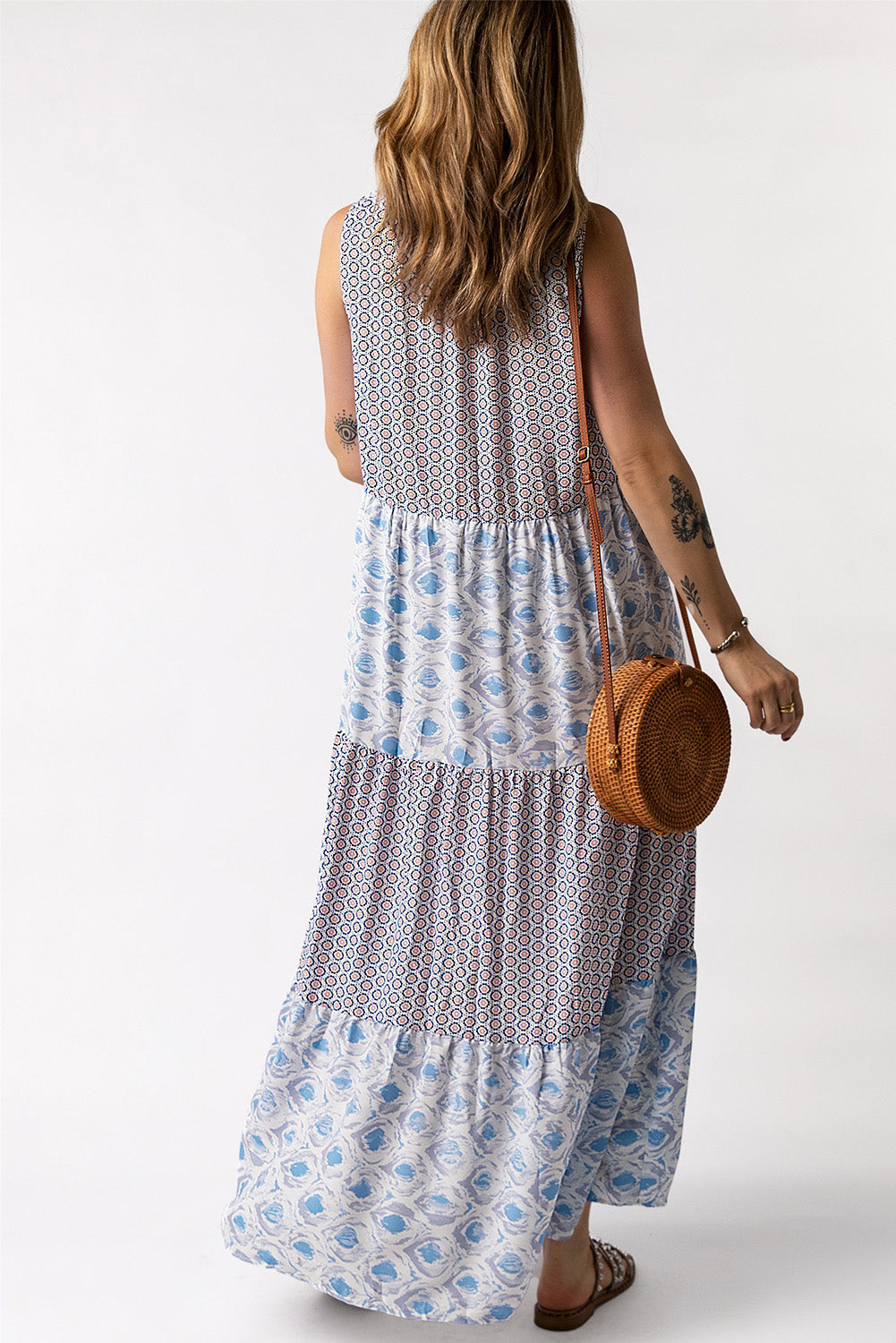 Mixed Print Tie-Neck Sleeveless Maxi Dress - The Beaucoup Home