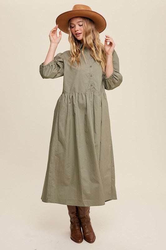 Button Front Puff Sleeve Babydoll Maxi Dress - The Beaucoup Home