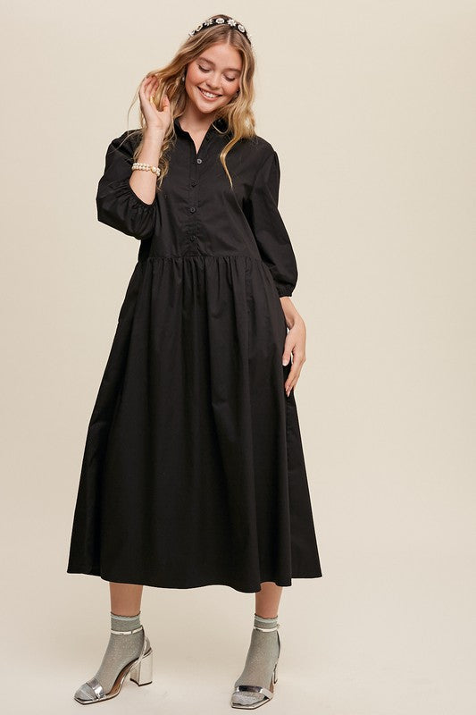 Button Front Puff Sleeve Babydoll Maxi Dress - The Beaucoup Home