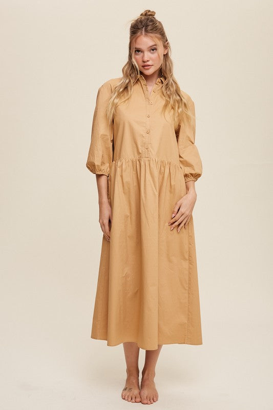 Button Front Puff Sleeve Babydoll Maxi Dress - The Beaucoup Home