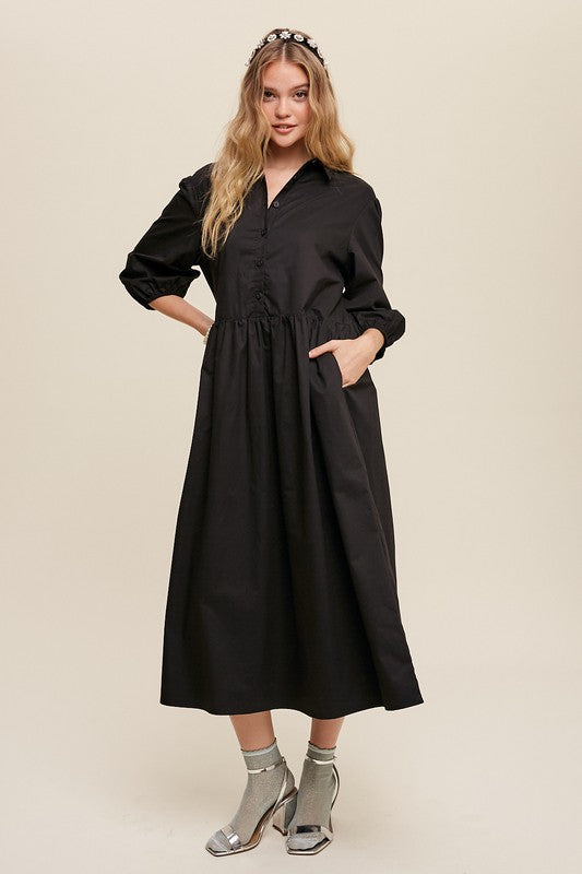 Button Front Puff Sleeve Babydoll Maxi Dress - The Beaucoup Home