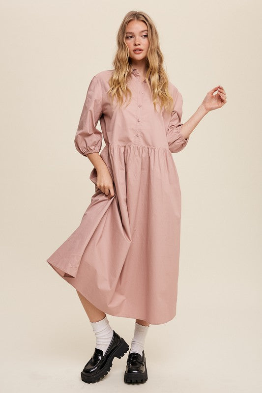 Button Front Puff Sleeve Babydoll Maxi Dress - The Beaucoup Home