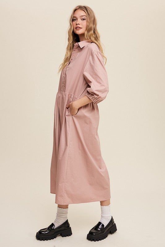 Button Front Puff Sleeve Babydoll Maxi Dress - The Beaucoup Home