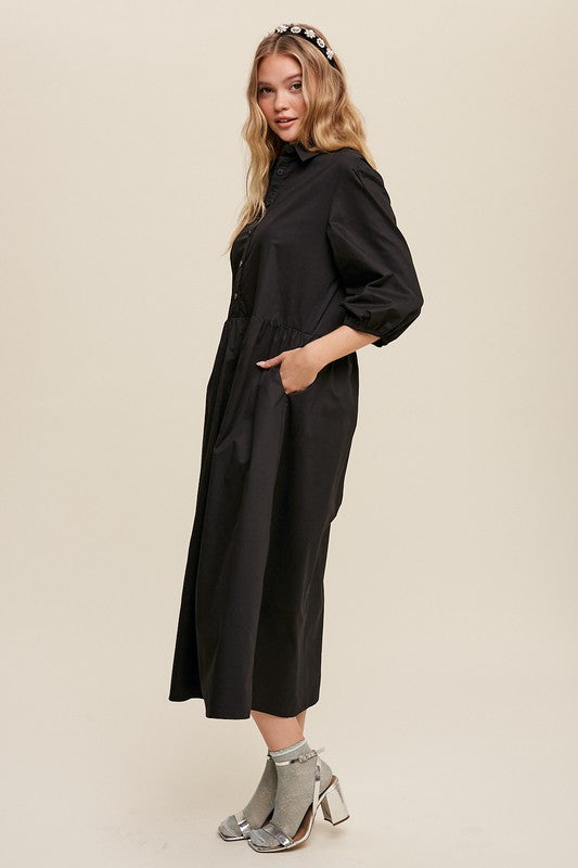 Button Front Puff Sleeve Babydoll Maxi Dress - The Beaucoup Home