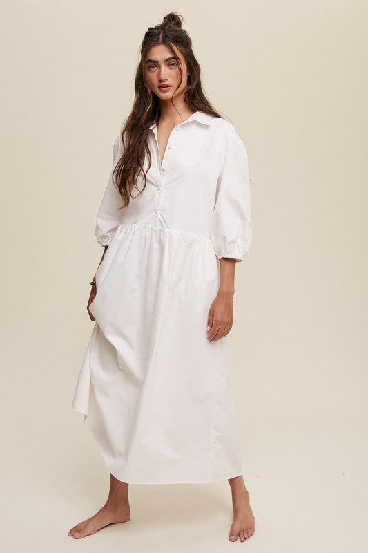 Button Front Puff Sleeve Babydoll Maxi Dress - The Beaucoup Home