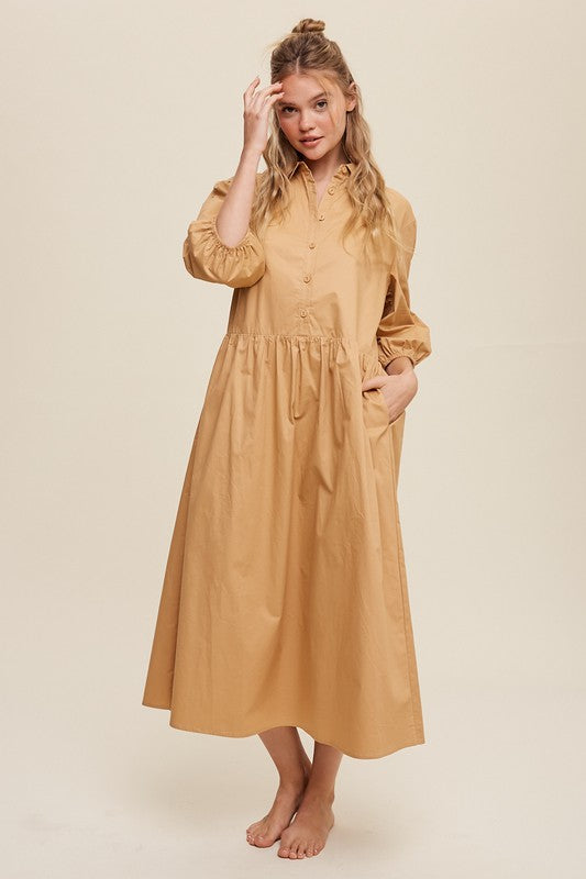 Button Front Puff Sleeve Babydoll Maxi Dress - The Beaucoup Home