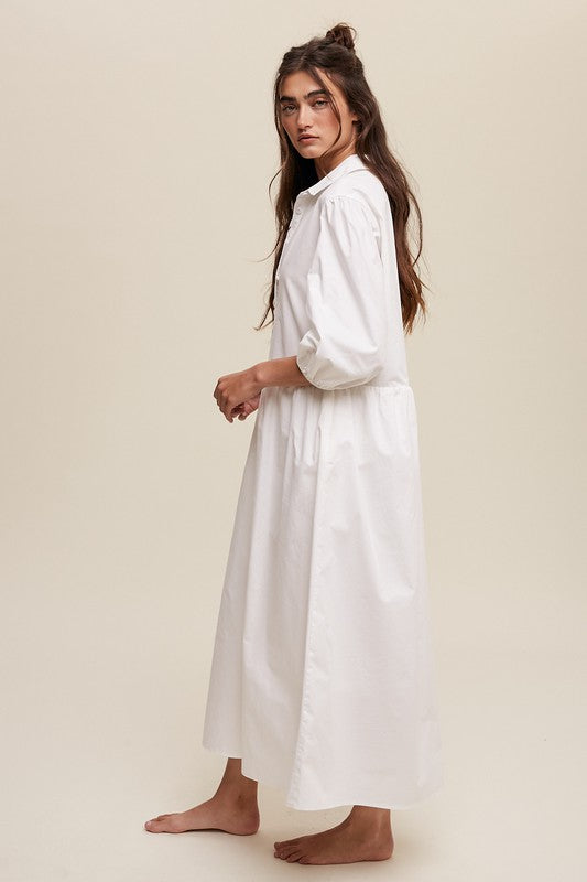 Button Front Puff Sleeve Babydoll Maxi Dress - The Beaucoup Home