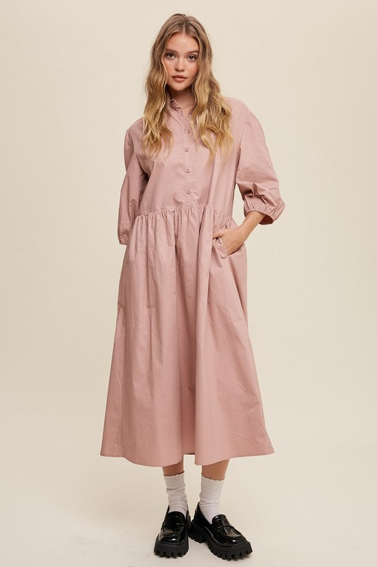 Button Front Puff Sleeve Babydoll Maxi Dress - The Beaucoup Home