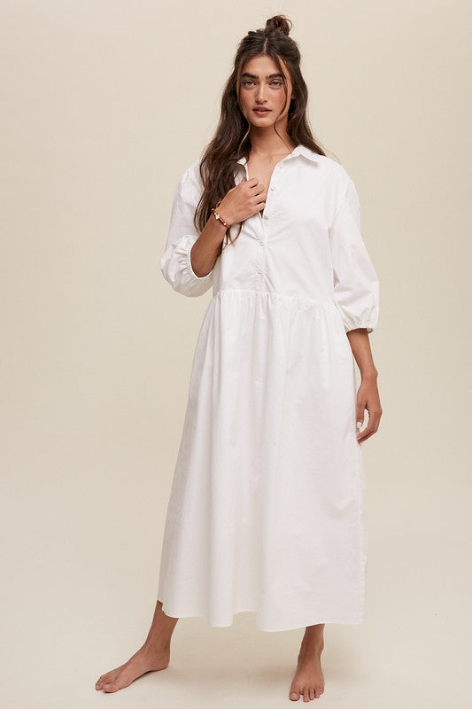 Button Front Puff Sleeve Babydoll Maxi Dress - The Beaucoup Home