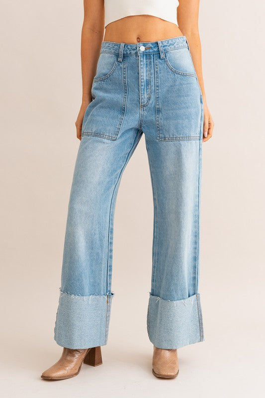 High-Waisted Wide Leg Cuffed Jeans - The Beaucoup Home