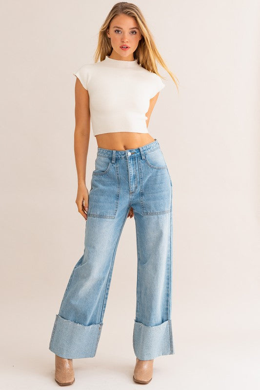 High-Waisted Wide Leg Cuffed Jeans - The Beaucoup Home