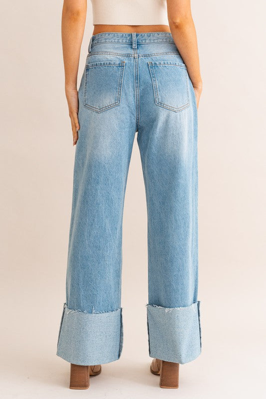 High-Waisted Wide Leg Cuffed Jeans - The Beaucoup Home