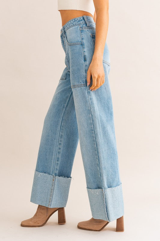 High-Waisted Wide Leg Cuffed Jeans - The Beaucoup Home