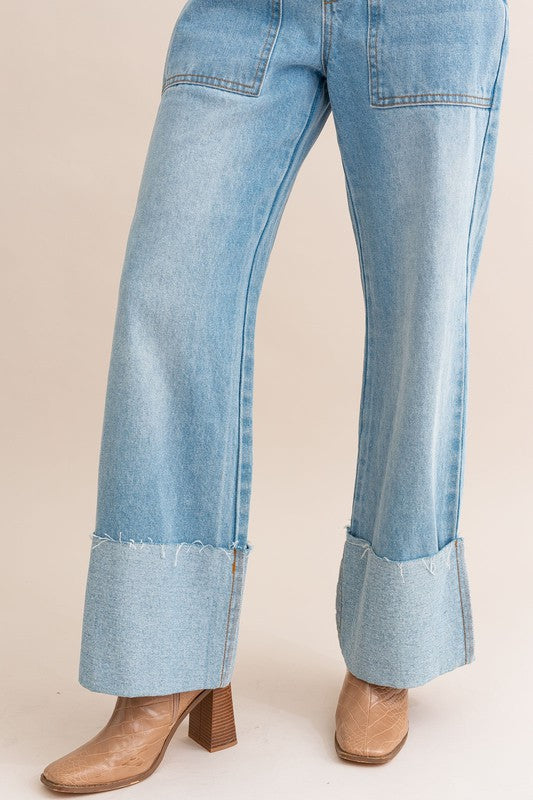 High-Waisted Wide Leg Cuffed Jeans - The Beaucoup Home