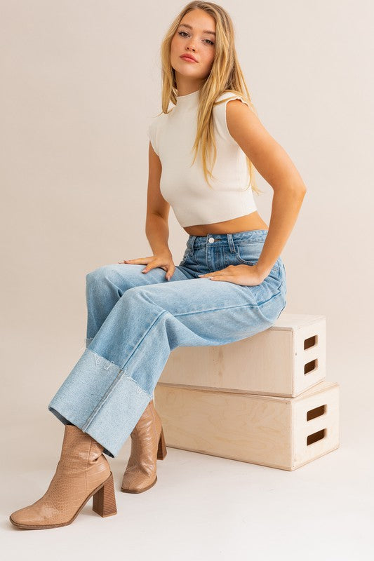 High-Waisted Wide Leg Cuffed Jeans - The Beaucoup Home