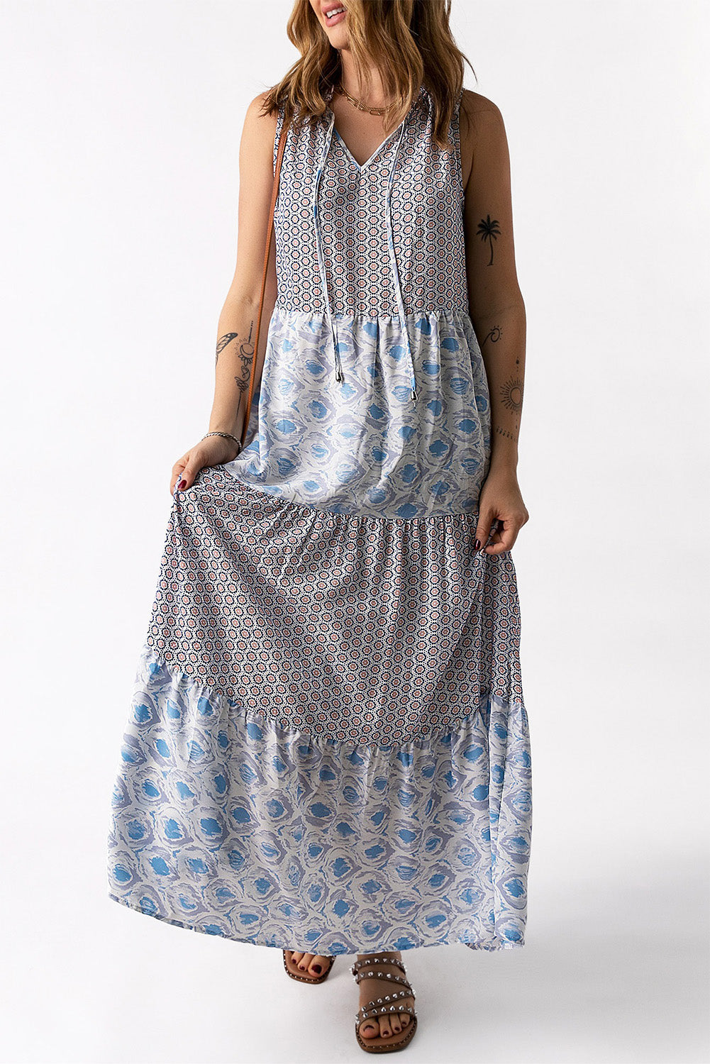 Mixed Print Tie-Neck Sleeveless Maxi Dress - The Beaucoup Home