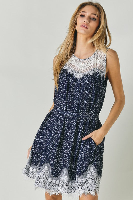 Printed Sleeveless Lace Trim Mini Dress - The Beaucoup Home